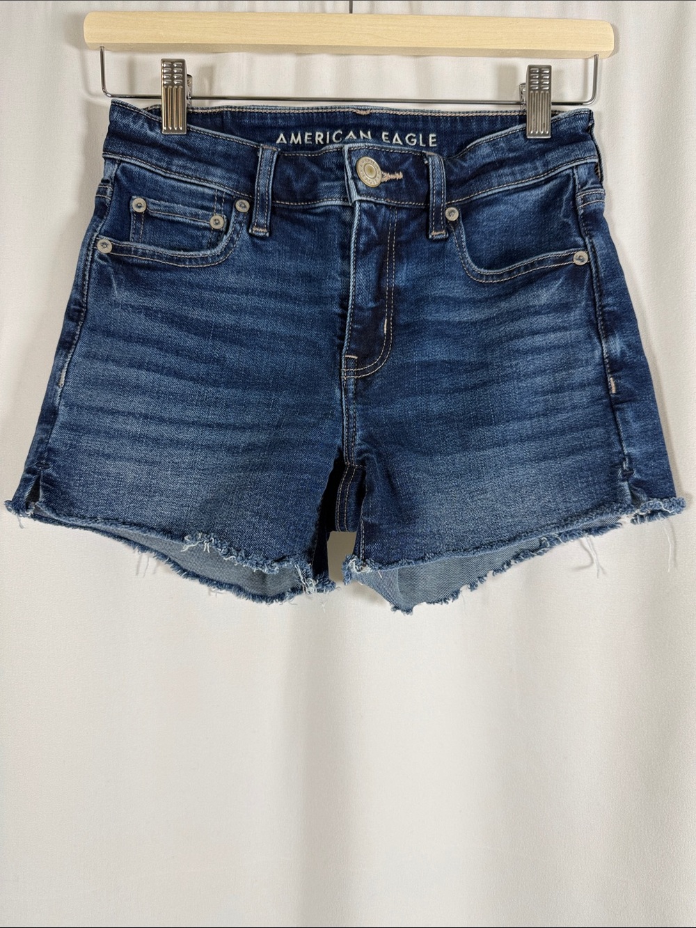 American Eagle Outfitters Deep Wash Midi Frayed Hem Denim Shorts